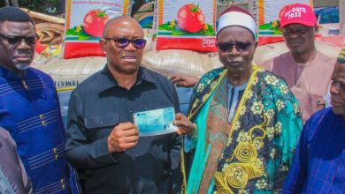 Photo of Obi celebrates 62nd birthday with IDPs, donates cash, 100 bags of rice