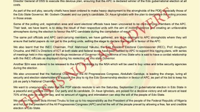 Photo of PDP uncovers how Presidency, DSS, NSA plans to rig Edo gubernatorial polls