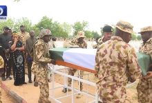 Photo of Tears, heartbreak as soldier killed in Boko Haram attack is laid to rest — wife faints, children of another grieving mother ask, ‘where is dad’