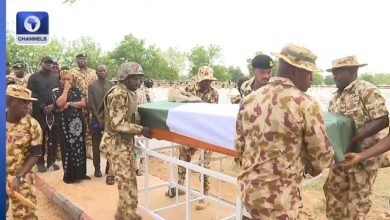 Photo of Tears, heartbreak as soldier killed in Boko Haram attack is laid to rest — wife faints, children of another grieving mother ask, ‘where is dad’